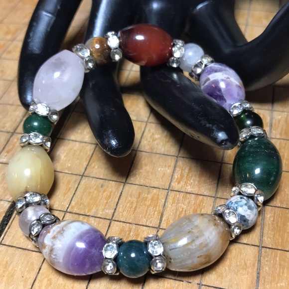 Semiprecious Crystal Mixed Stone Bracelet 7”L Elastic Rhinestone Ring Bead Acct. - Picture 7 of 10